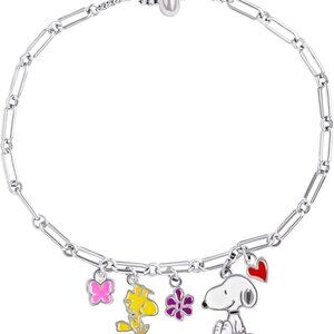Women’s Silver Plated Brass Charm Bracelet Snoopy Heart Flower Enamel